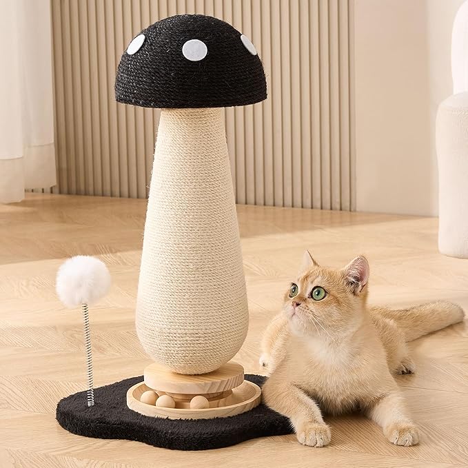 21.5‘’ H Cat Scratching Post with Catnip,Cute Mushroom Cat Scratcher Post with Durable Natural Solid Wood Turntable Toy, Solid Black Mushroom Shape Cat Toy Cat Sisal Scratcher for Indoor Cats