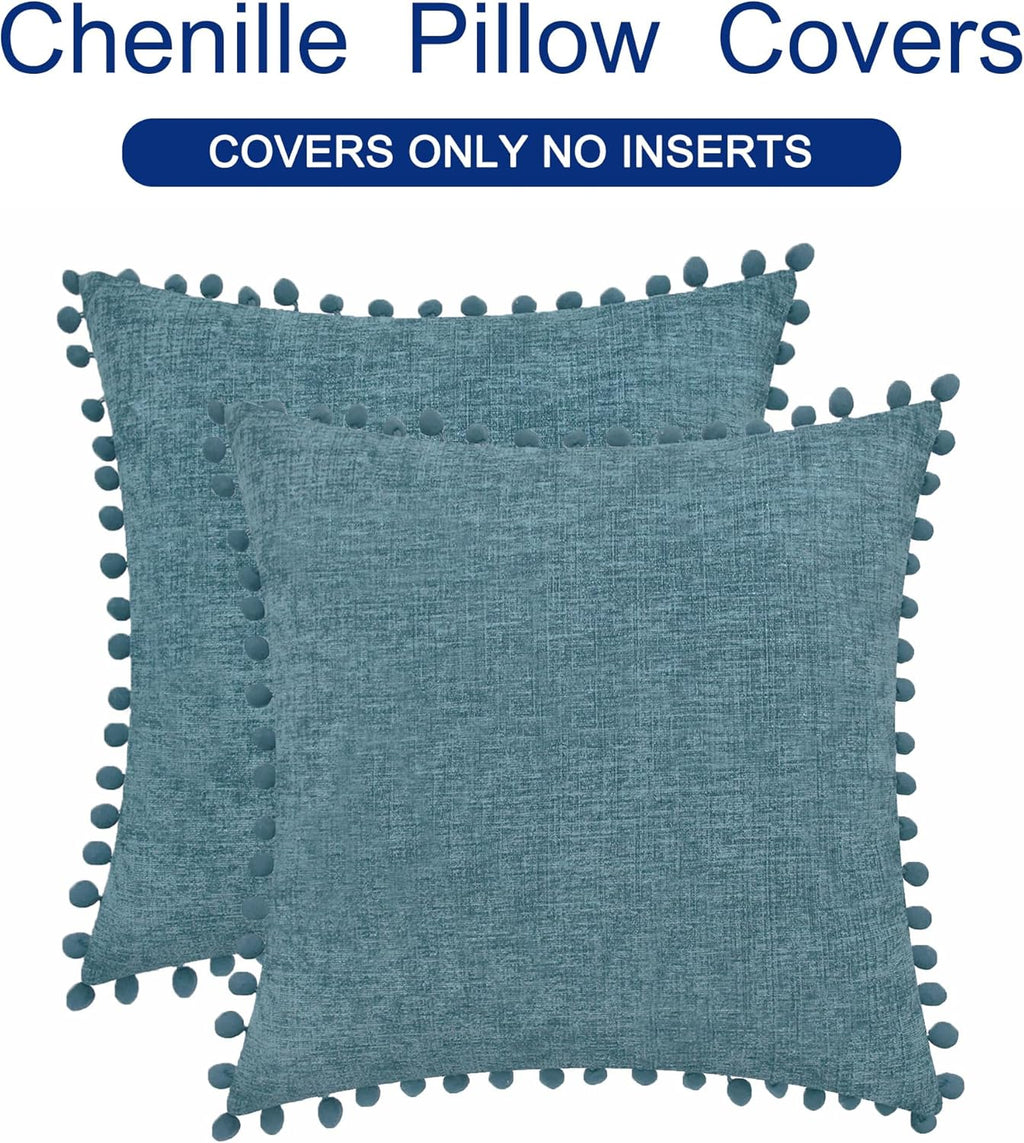 CaliTime Throw Pillow Covers Decorative 22 X 22 Inches Pack of 2 Cozy Solid Dyed Soft Chenille Cushion Cases with Pom Poms for Couch Sofa Bed Living Room Home Smoke Blue