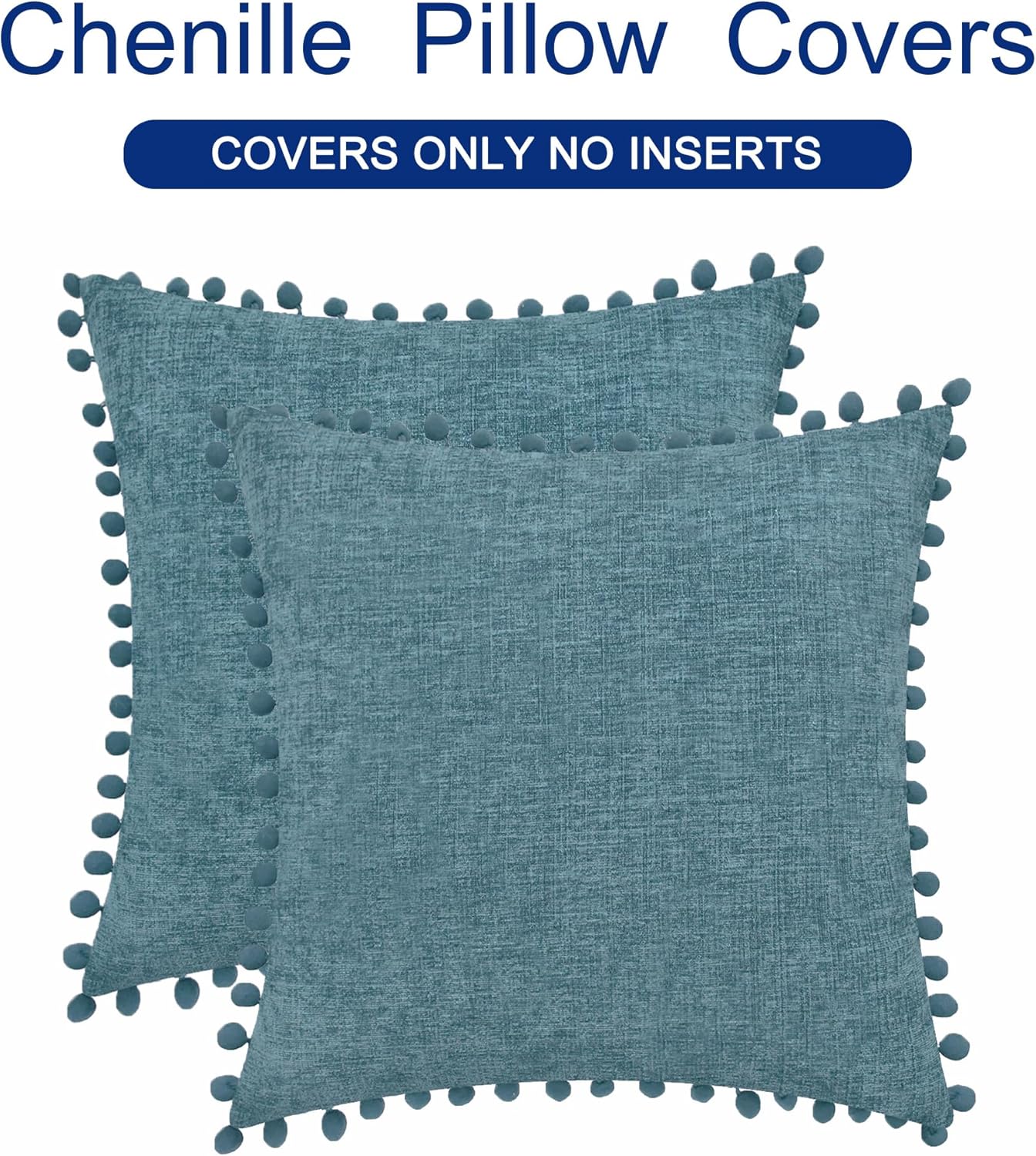 CaliTime Throw Pillow Covers Decorative 22 X 22 Inches Pack of 2 Cozy Solid Dyed Soft Chenille Cushion Cases with Pom Poms for Couch Sofa Bed Living Room Home Smoke Blue