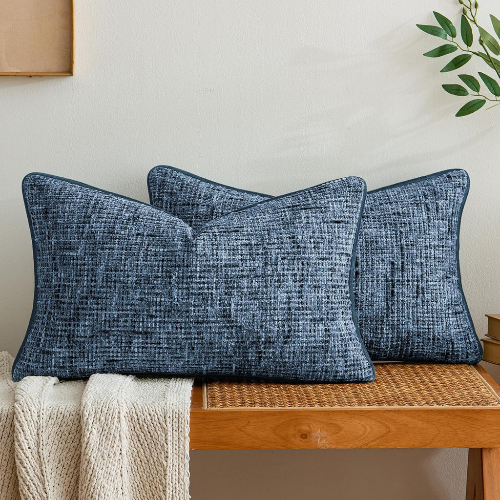 a moment Blue Reversible Pillow Covers 2 Pack - Farmhouse Chenille Throw Pillows, Neutral Textured Decorative Throw Pillow Covers with Border for Couch Sofa Bed (12x20 Inch, No Insert)