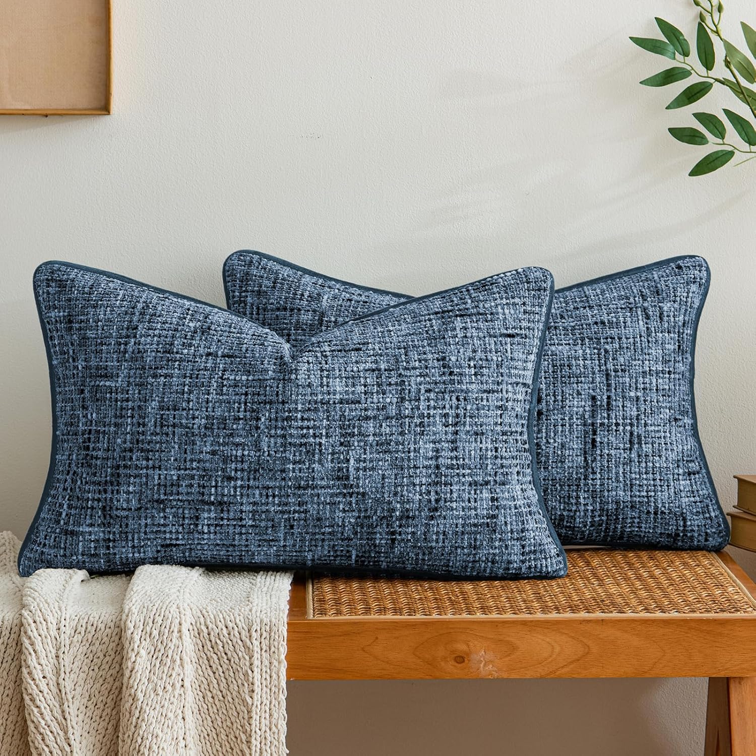 a moment Blue Reversible Pillow Covers 2 Pack - Farmhouse Chenille Throw Pillows, Neutral Textured Decorative Throw Pillow Covers with Border for Couch Sofa Bed (12x20 Inch, No Insert)