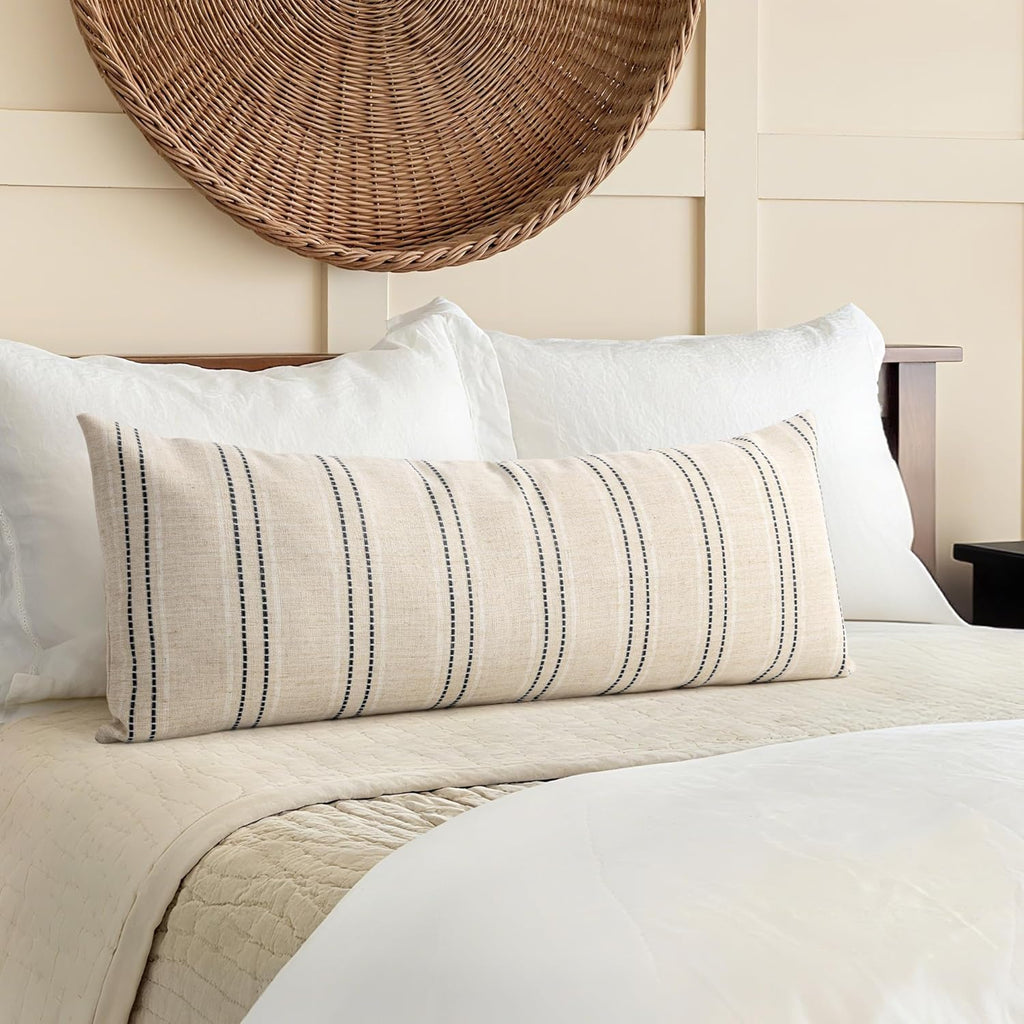 AELS 14x36 Decorative Lumbar Throw Pillow Covers, Farmhouse Linen Textured Long Pillow Case, Beige with White & Black Stitch Boho Cushion Cover for Couch Living Room (Cover ONLY)