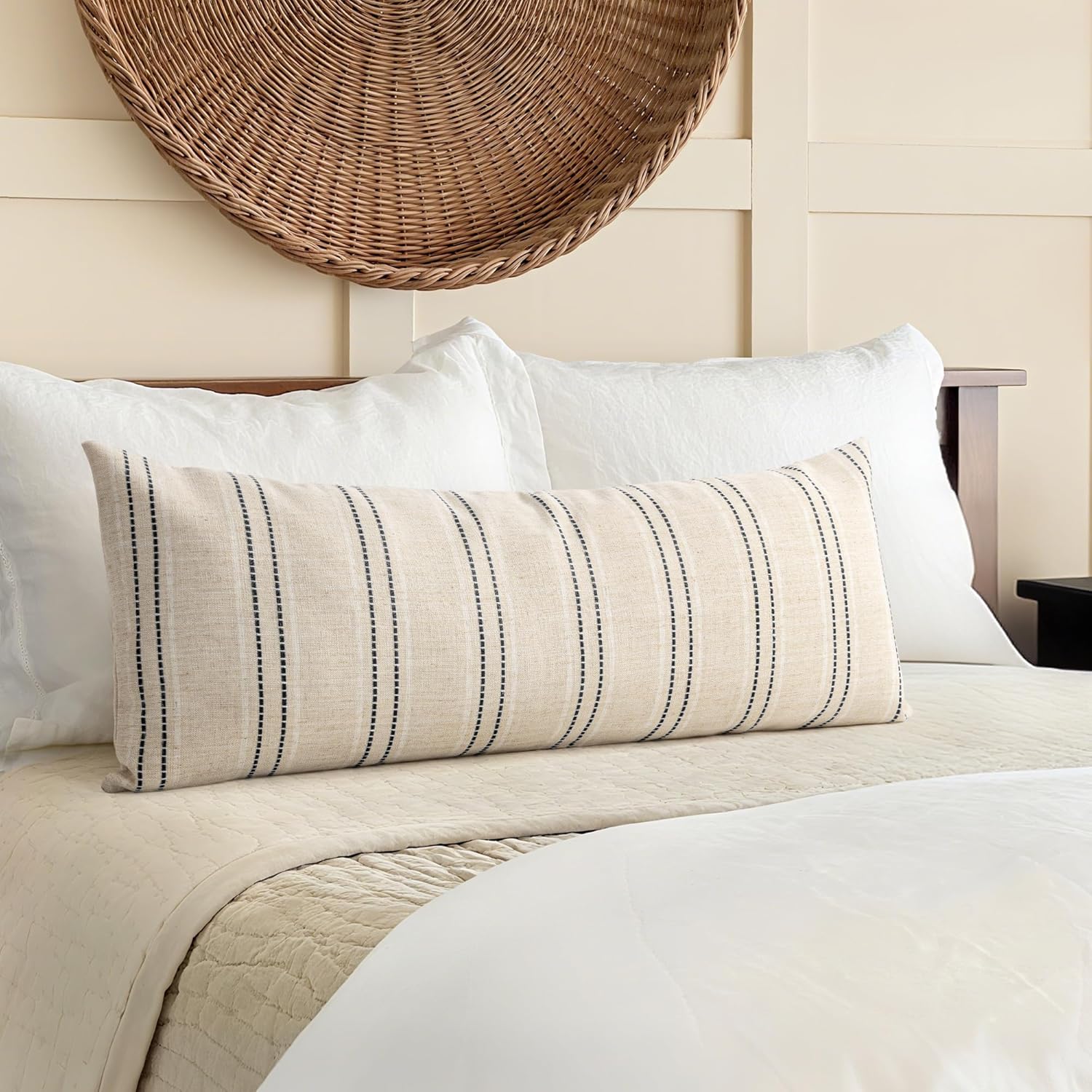 AELS 14x36 Decorative Lumbar Throw Pillow Covers, Farmhouse Linen Textured Long Pillow Case, Beige with White & Black Stitch Boho Cushion Cover for Couch Living Room (Cover ONLY)