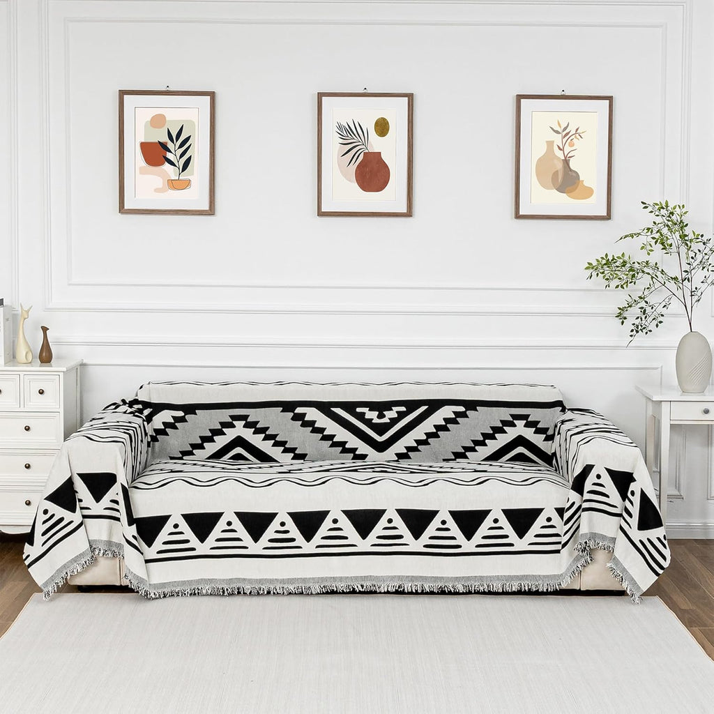 MYSKY HOME Boho Couch Cover for Dogs Washable Black Rhombic Couch Sofa Protector Cats Pets Friendly Chenille Geometric Sofa Covers Soft Durable Farmhouse Sofa Slipcovers, 71" X102"