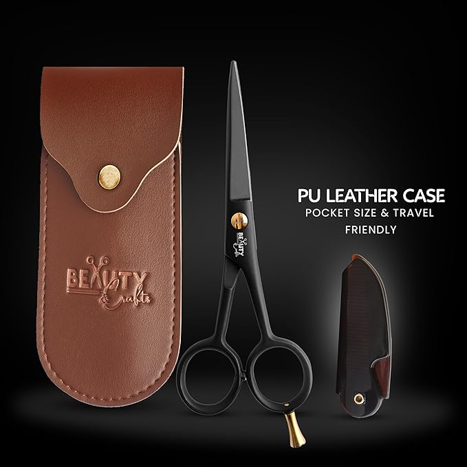 5'' German Beard Mustache Scissor- 2 Mustache Combs for Facial Hair with Beautiful Pouch -Beard Trimming Scissors for Grooming, Cutting, and Styling of Mustache (Black with Folding Comb)