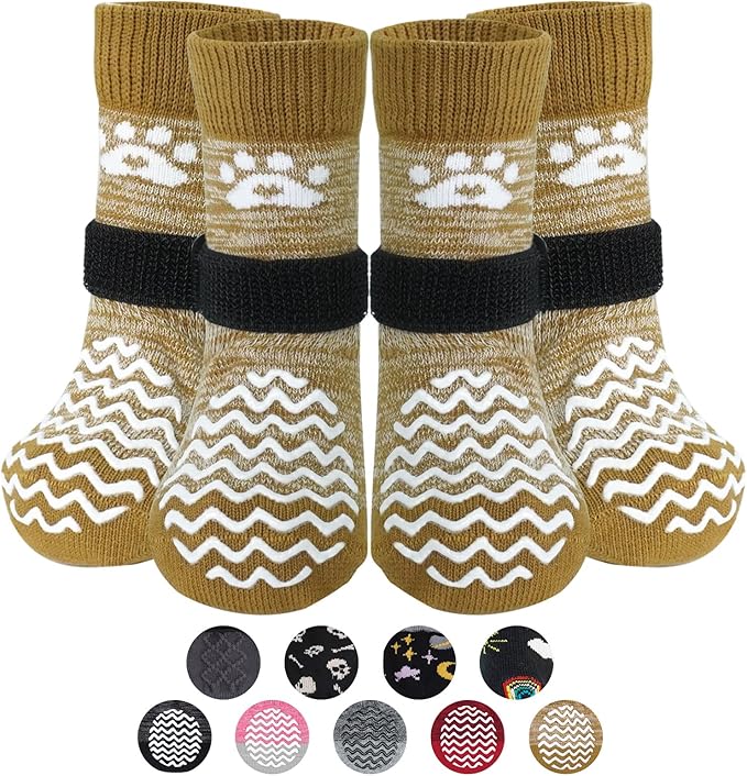 PUPTECK Anti Slip Dog Socks 2 Pairs with Double Grippers for Hardwood Floors, Shoes for Hot/Cold Pavement, Boots & Paws Protectors to Prevent Licking, Traction Booties for Senior Small Large Dogs