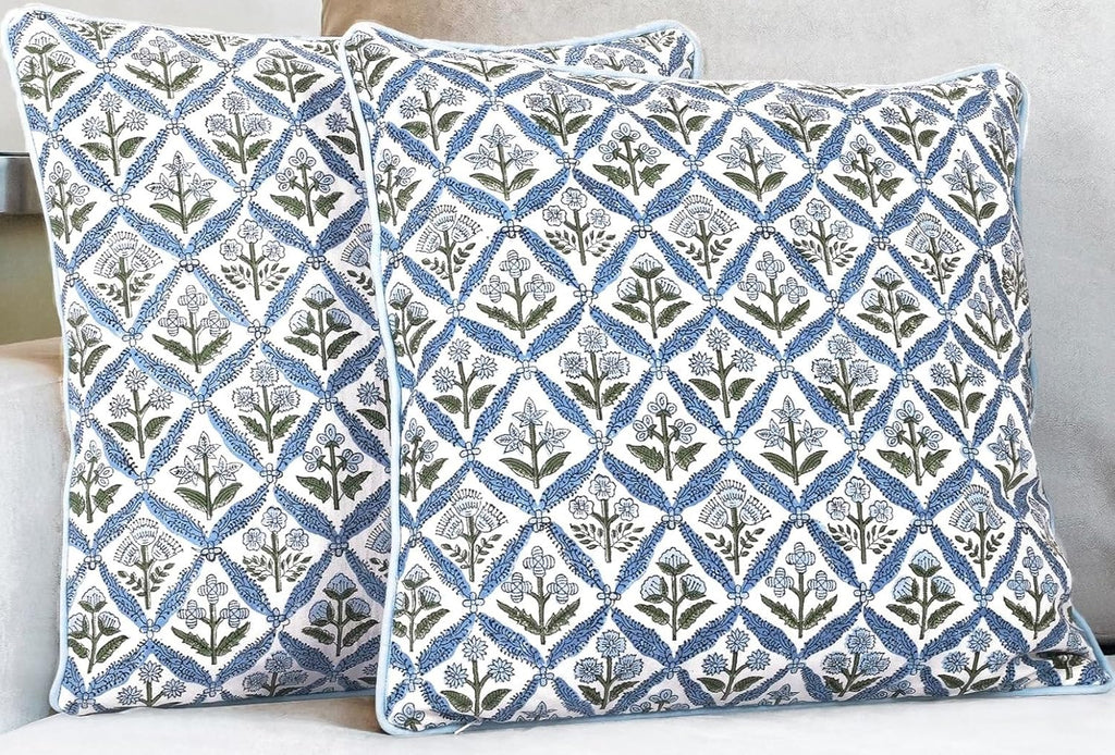 SheetKart Block Print Pillow Cover - Cotton Throw Pillow Covers for Boho Decorative Couch, Living Room, Bohemian Theme Gifts, Floral Blue - 18 x 18 Inches - Set of 2