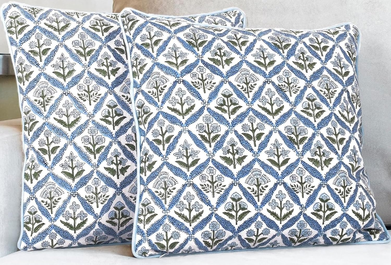SheetKart Block Print Pillow Cover - Cotton Throw Pillow Covers for Boho Decorative Couch, Living Room, Bohemian Theme Gifts, Floral Blue - 18 x 18 Inches - Set of 2