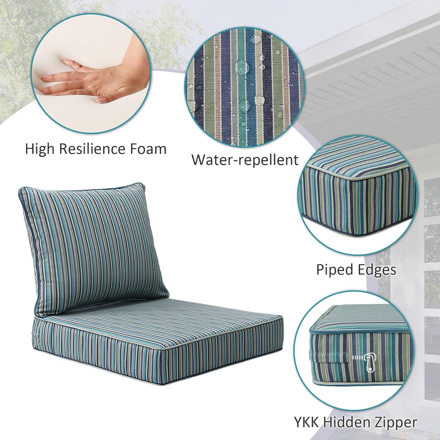 Sunbrella Outdoor Patio Chair Cushions Set, 24" x 24", Set of 2, Water-Repellent, Fade Resistant, Deep Seat Cushion for Backyard, Couch, Sofa and Patio Furniture, Swell Turquoise