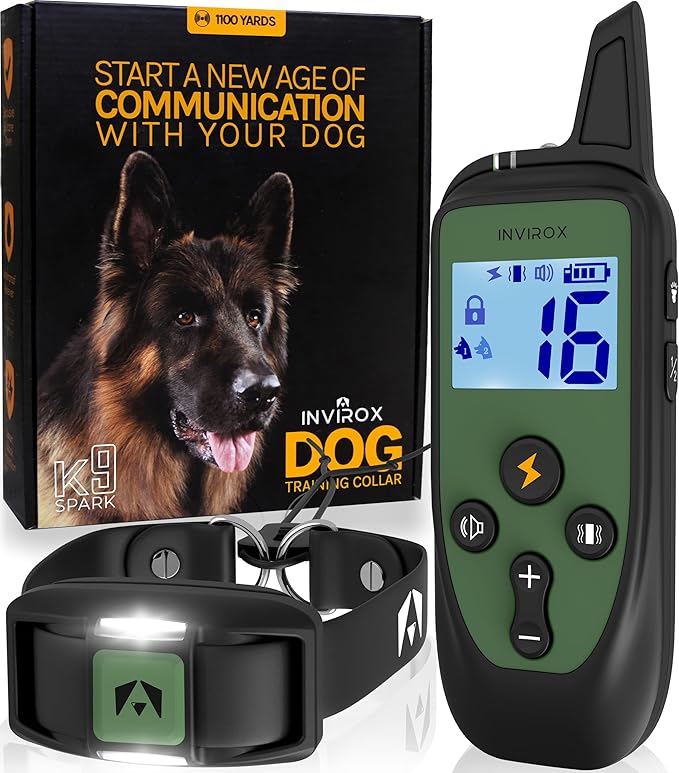 INVIROX Dog Training Collar with Remote, 1100 Yard Range, 124 Levels of Control, Beep, Vibration & E-Stim Modes, IP67 Waterproof E Collar for Dogs, Silicone, Spark K9