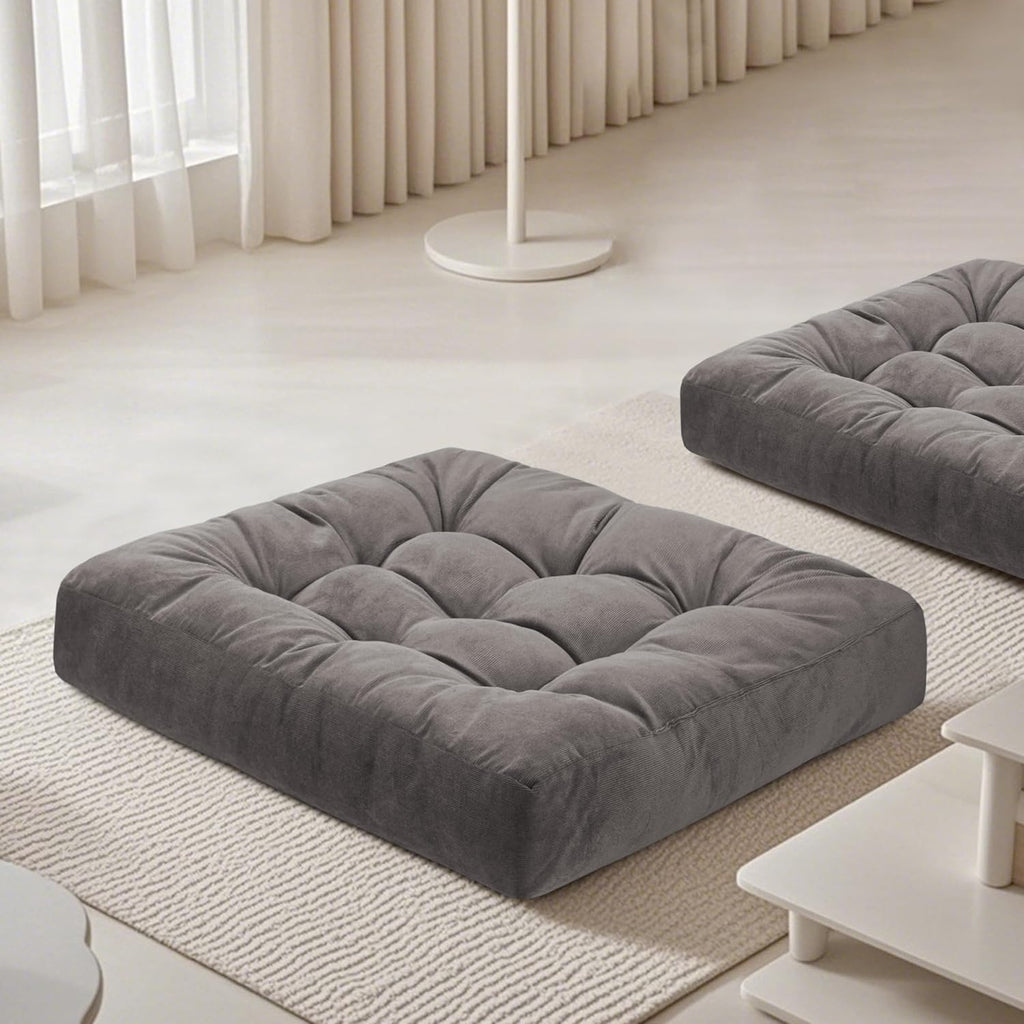 Meditation Floor Pillow 22×22 Inch 2 Pack Large Floor Cushions for Adults Square Tufted Corduroy Floor Pillows for Yoga Living Tatami Room Grey