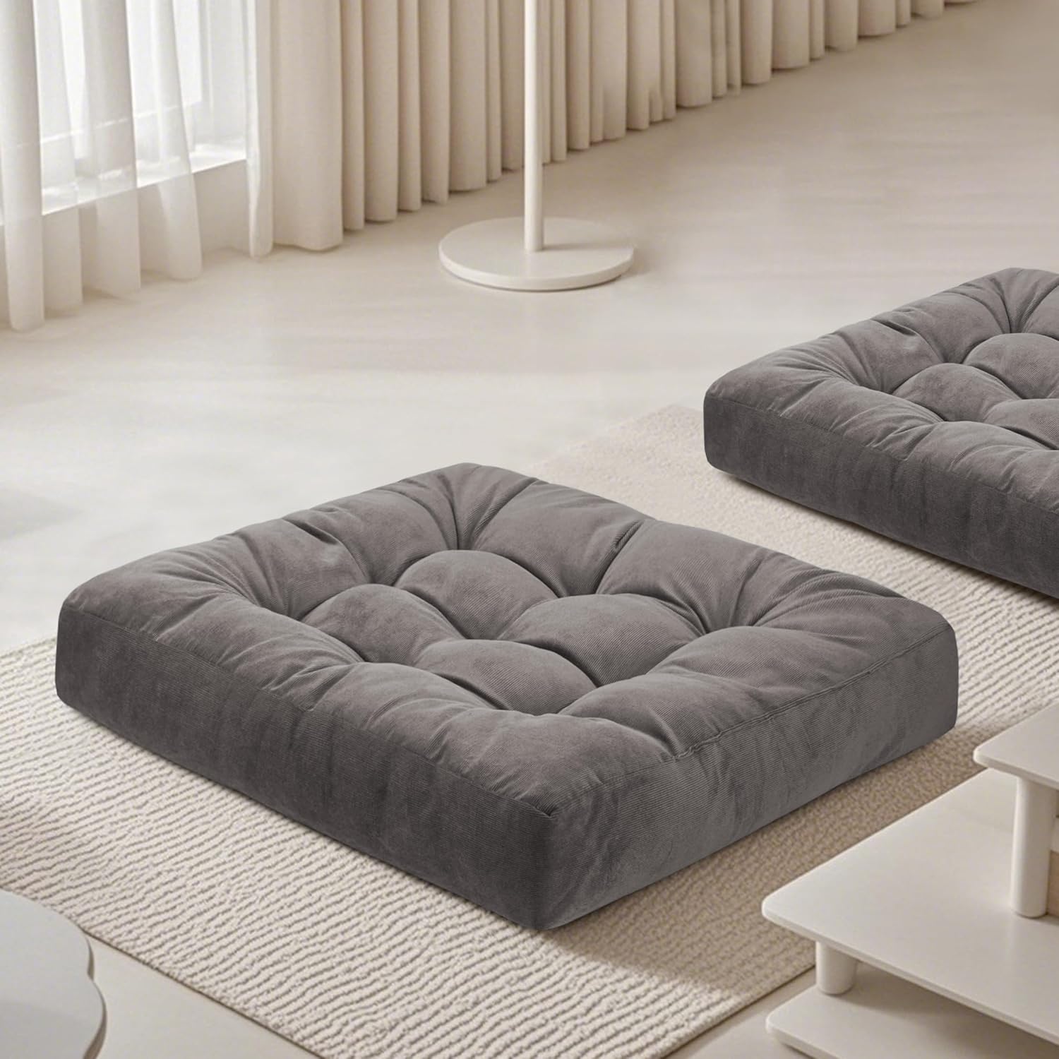 Meditation Floor Pillow 22×22 Inch 2 Pack Large Floor Cushions for Adults Square Tufted Corduroy Floor Pillows for Yoga Living Tatami Room Grey