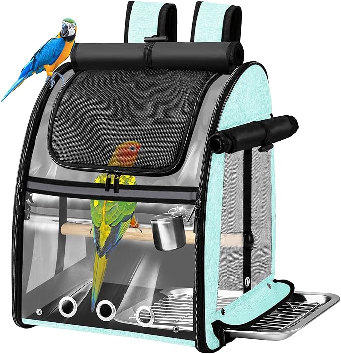 SUERTREE Bird Carrier Bag with Indestructible Stainless Steel Mesh, Bird Travel Cage with Stand, Easy to Clean Backpack for Parrot, Portable Bird Travel Bag, Green