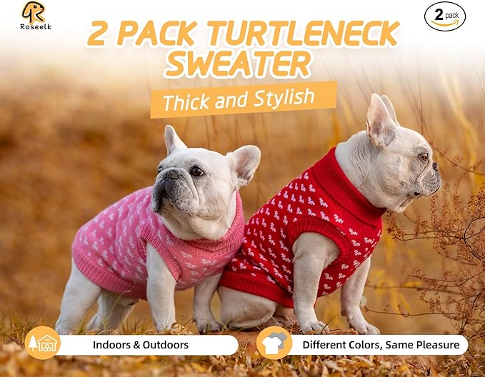 2 Pack Dog Sweater Winter Warm Clothes - Heart Soft Puppy Small Thickening Turtleneck Sweatshirt for Chihuahua, Bulldog, Dachshund, Pug, Yorkie (XS, Pink, Red)