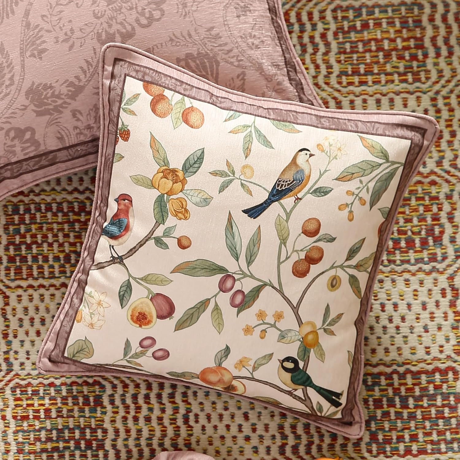 Square Pink Farmhouse Throw Pillow Covers, Birds and Flowers Pattern Cozy Velvet Pillowcases,Decoration Pillows Cushion Covers for Couch Sofa Bed Car Chair,18"x18"