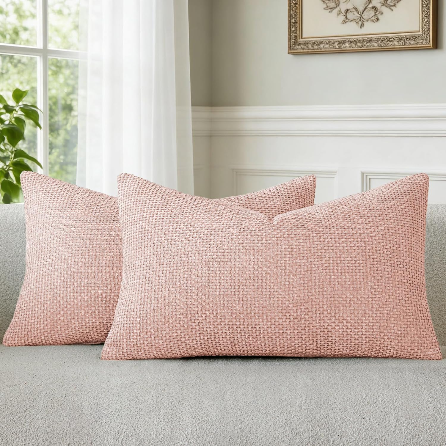 a moment Pink Spring Chenille Throw Pillow Covers 12x20 Inch Pack of 2 Modern Decorative Throw Pillow Covers Farmhouse Cross Covers Modern Home Decor for Sofa Bedroom Living Room