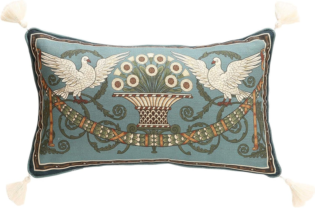 Rectangle Throw Pillow Covers,French Green Farmhouse with White Birds and Flowers Pattern Linen Pillowcases,Decor Lumbar Pillows Cushion Covers for Couch Sofa Bed Chair,12x20 Inches