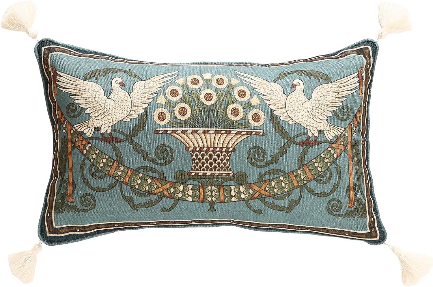 Rectangle Throw Pillow Covers,French Green Farmhouse with White Birds and Flowers Pattern Linen Pillowcases,Decor Lumbar Pillows Cushion Covers for Couch Sofa Bed Chair,12x20 Inches