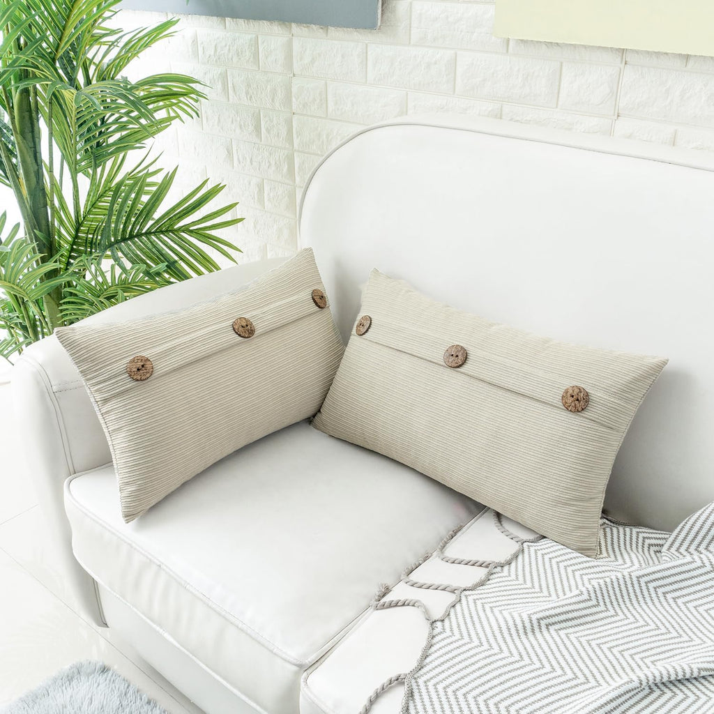 HWY 50 Cream White Chenille Throw Pillow Covers 12x20 Inch with Triple Buttons, Soft Farmhouse Accent Decorative Cushion Cases for Couch Sofa Bed Living Room Pack of 2 Rectangle