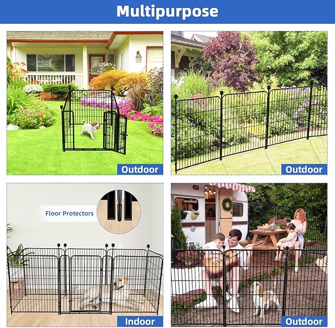 ADAVIN Tall Garden Fence with Gate, 48 in(H) 4 Panels Heavy Duty Iron Metal Fencing Border, Indoor or Outdoor Dog Playpen, Animal Barrier Fence, No Dig Fencing for Yard, Total 8.9 FT(L), Black