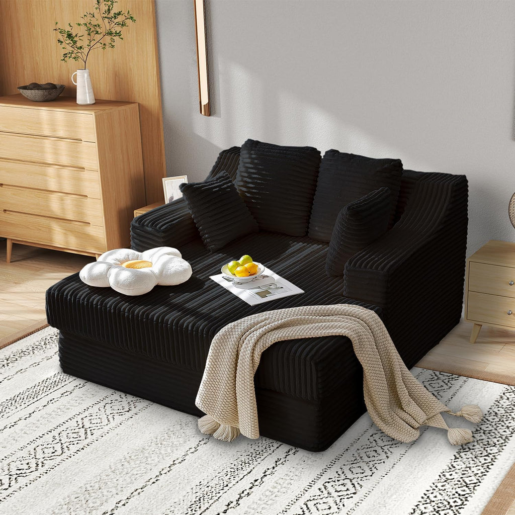 55 Inch Chaise Lounge Indoor - Oversized Chaise Lounge with 4 Throw Pillows and Armrets, Upholstered Plush Sofa Bed, Corduroy Lazy Chair Bed, Sleeper Chair for Living Room or Bedroom, Black