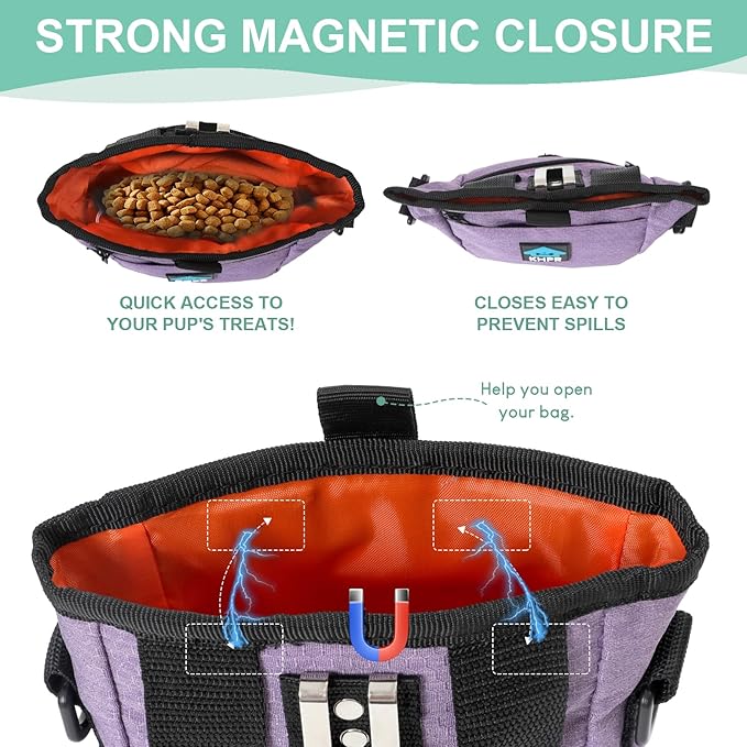 Dog Treat Pouch Magnetic Closure with Training Clicker，Hands-Free Design to Prevent Spills，Built in Poop Bag Dispenser，3 Ways To Wear，Metal Clip Waist Belt and Fanny Pack for Pet Walking（Purple）