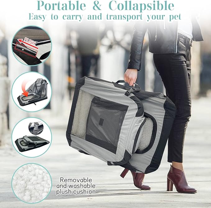 Fhiny Large Cat Carrier for 2 Cats, 24"x17"x17" Soft Dog Crate Collapsible Portable Travel Pet Carrier Bag Durable Breathable Foldable Kitten Carrier Bag for Puppy Cats Under 45 Lbs Grey