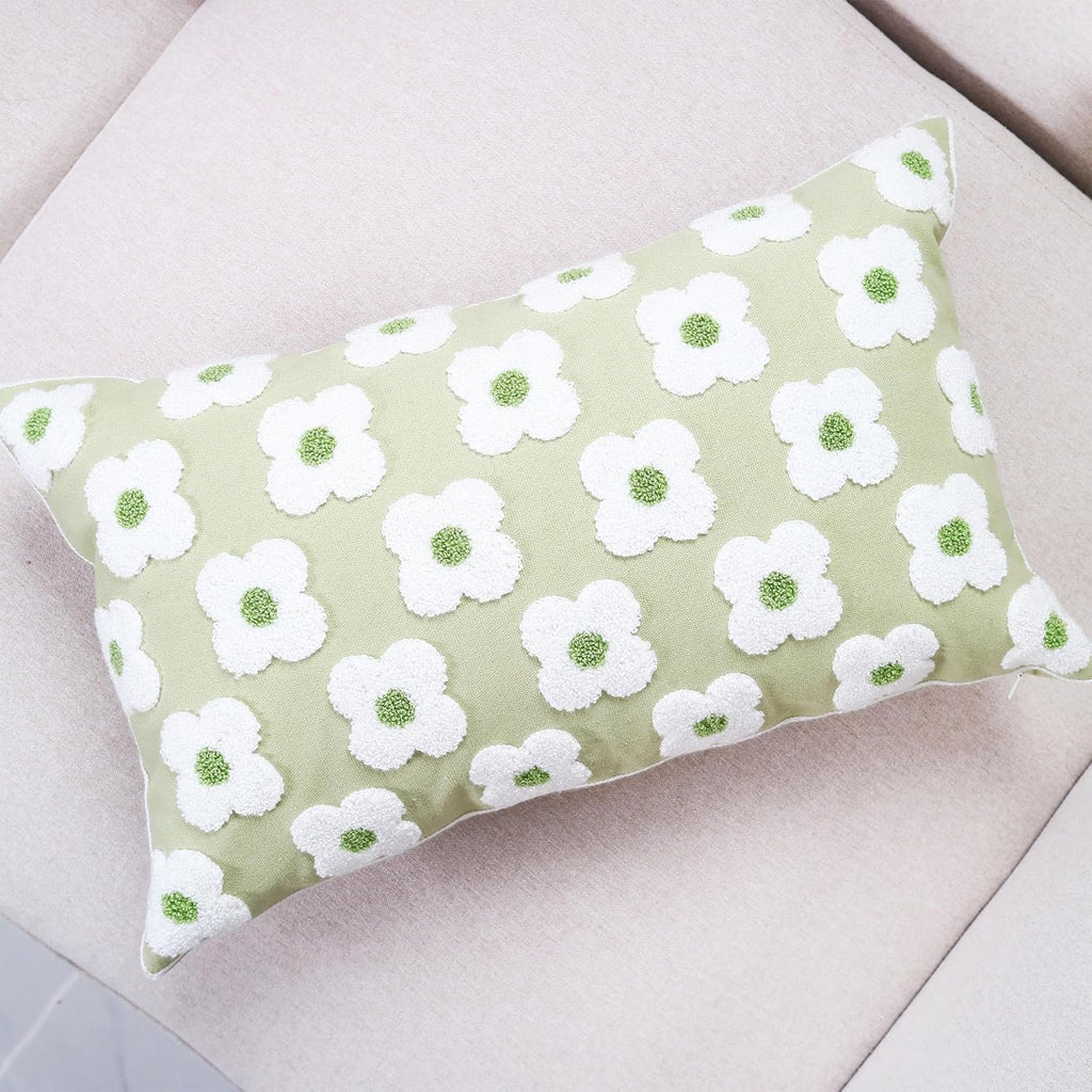 DECOBIRD Embroidery Throw Pillow Cover 12x20 Light Green Floral Design Home Decor Loop Embroidered Pillow Case Thick Cotton Canvas Square Cushion Cover for Couch 30x50cm, 4 Petal Flowers 1 Piece