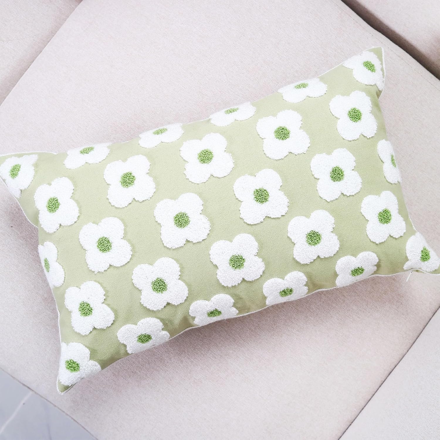 DECOBIRD Embroidery Throw Pillow Cover 12x20 Light Green Floral Design Home Decor Loop Embroidered Pillow Case Thick Cotton Canvas Square Cushion Cover for Couch 30x50cm, 4 Petal Flowers 1 Piece