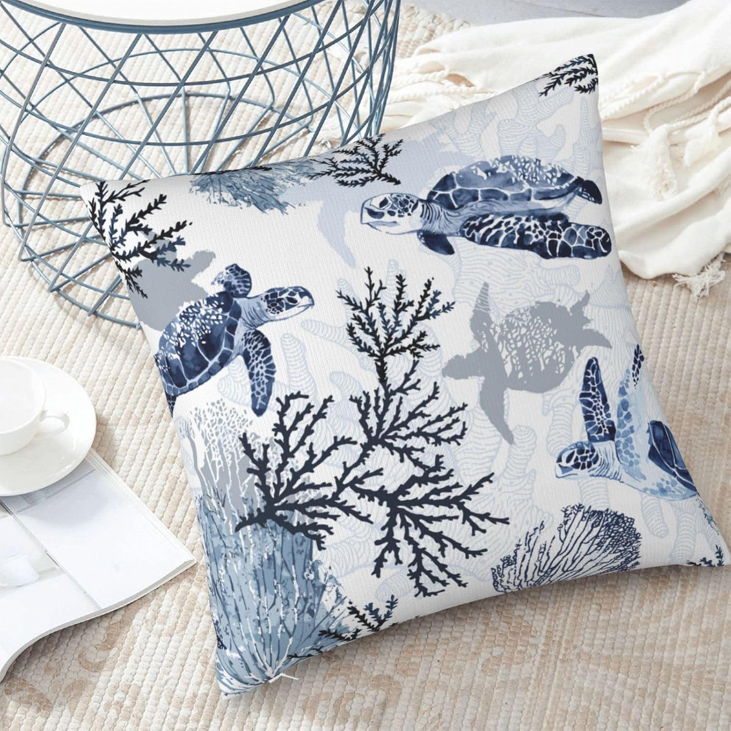 Nautical Blue Pillow Covers 18x18 Inch Coastal Beach Themed Coral Sea Turtle Navy Throw Pillow Cases Cushion Cover Set of 2 for Couch Sofa Living Room Car Decor