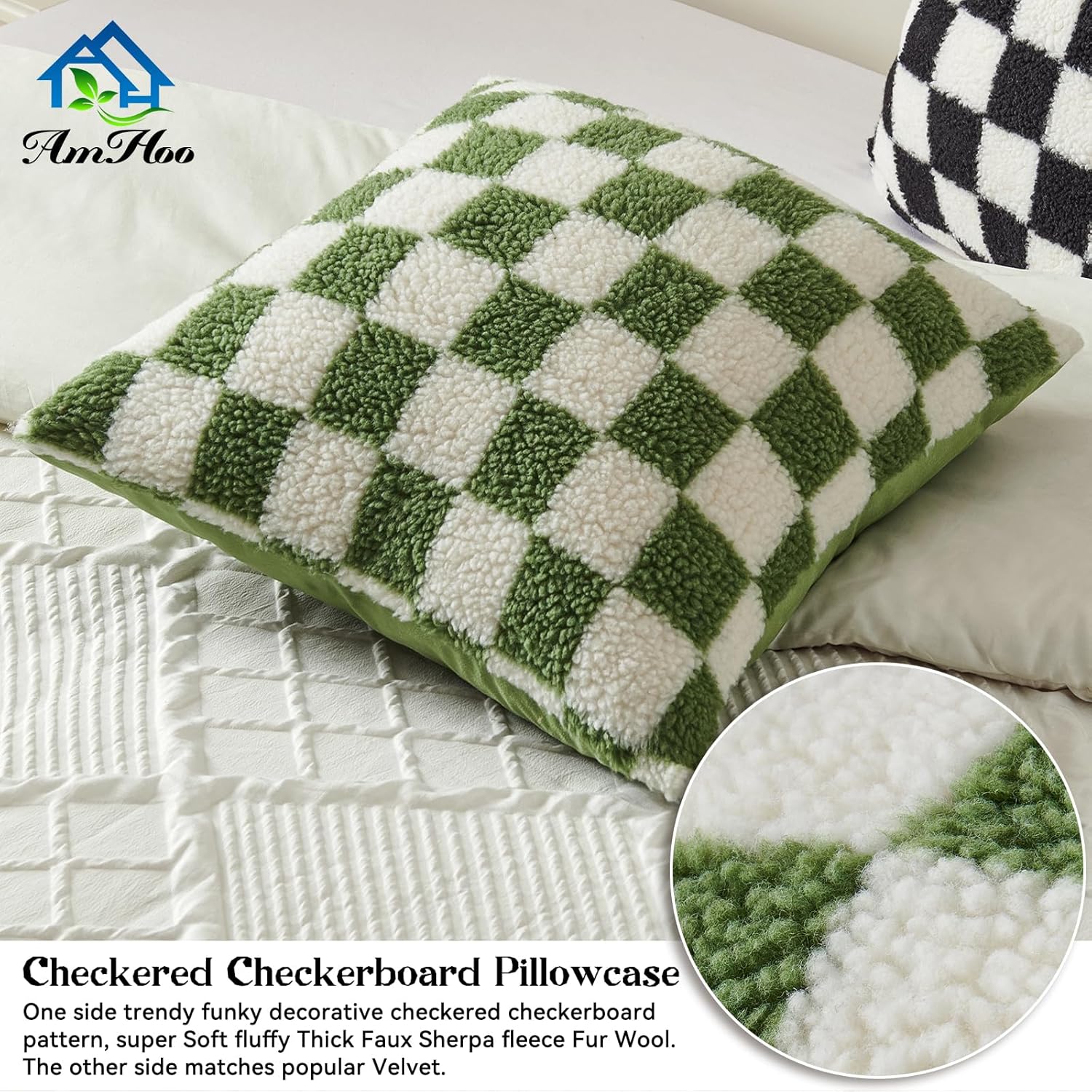 AmHoo Pack of 2 Decorative Throw Pillow Covers Checkerboard Luxury Super Soft Faux Fur Wool Set Case Cushion for Couch Sofa Bedroom 18 x 18-Inch Sage Green
