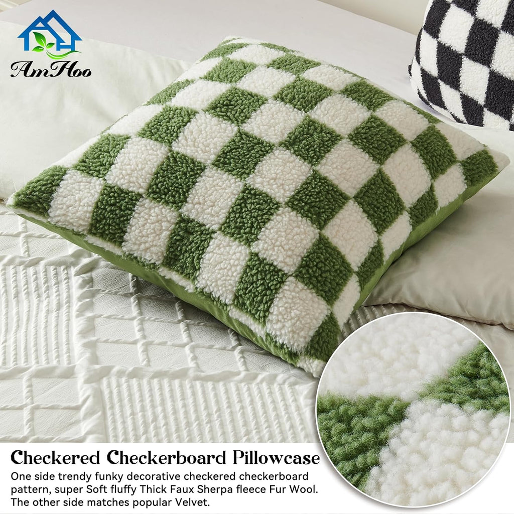 AmHoo Pack of 2 Decorative Throw Pillow Covers Checkerboard Luxury Super Soft Faux Fur Wool Set Case Cushion for Couch Sofa Bedroom 16 x 16-Inch Sage Green