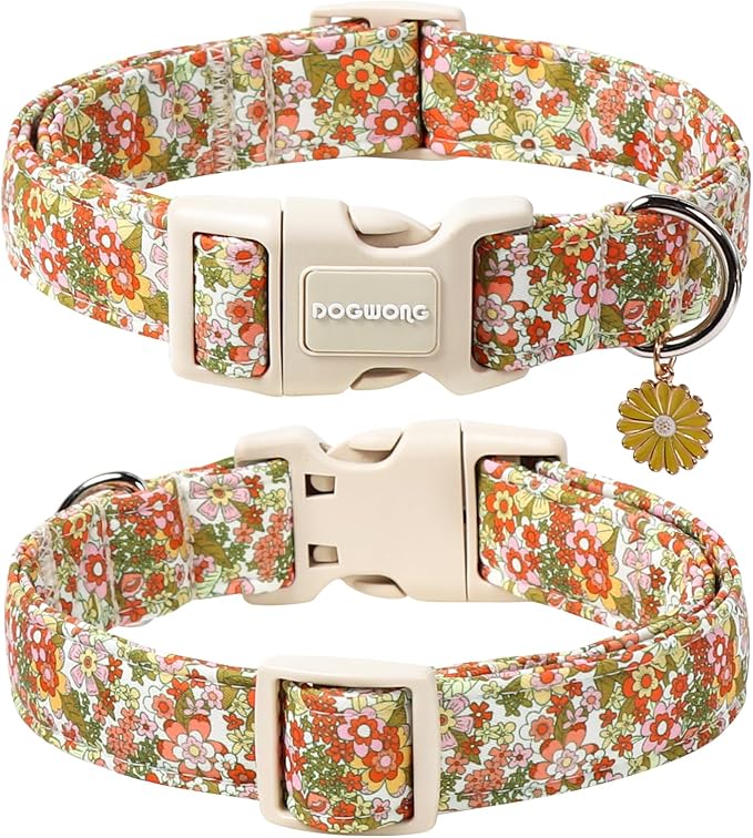DOGWONG Flower Dog Collar, Orange Daisy Flower Dog Collar Adjustable Soft Fabric Girl Pet Dog Collars Cute Puppy Necklace for Small Medium Large Dogs