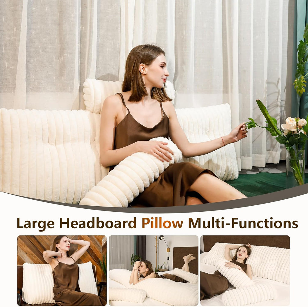 Faux Fur Headboard Pillow Queen Size, Triangular Wedge Backrest with Removable Head Roll & Side Pocket, 100% Linen Reading Pillow for Bed, Couch, Floor - Ergonomic Support for Neck, Back, Ivory
