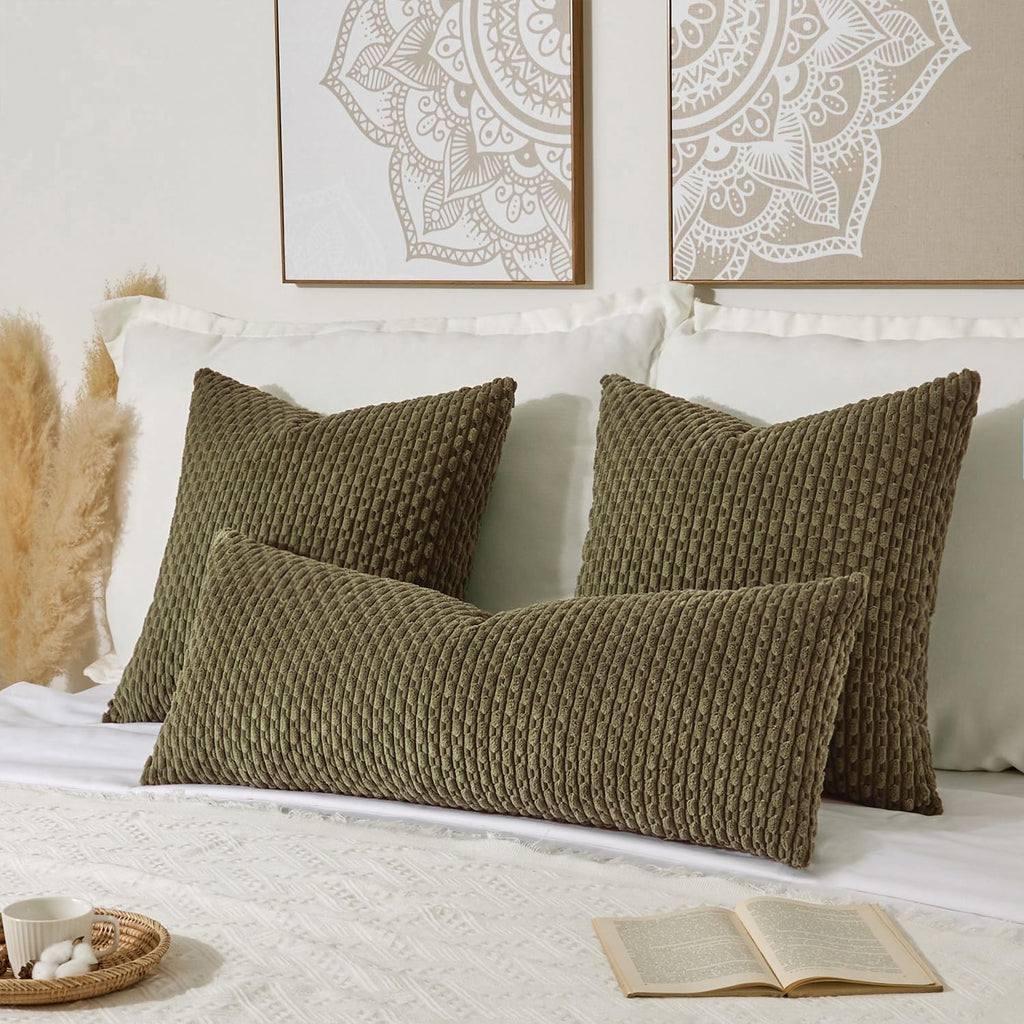 Kevin Textile 14x36 Inch Long Lumbar 1 Pack Boho Decorative Throw Pillow Cover Soft Striped Corduroy Rectangle Cushion Case Farmhouse Solid Color Accent for Living Room Couch Sofa Bed, Olive Green