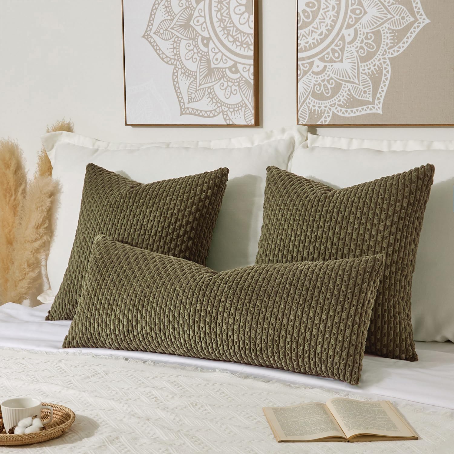 Kevin Textile 14x36 Inch Long Lumbar 1 Pack Boho Decorative Throw Pillow Cover Soft Striped Corduroy Rectangle Cushion Case Farmhouse Solid Color Accent for Living Room Couch Sofa Bed, Olive Green