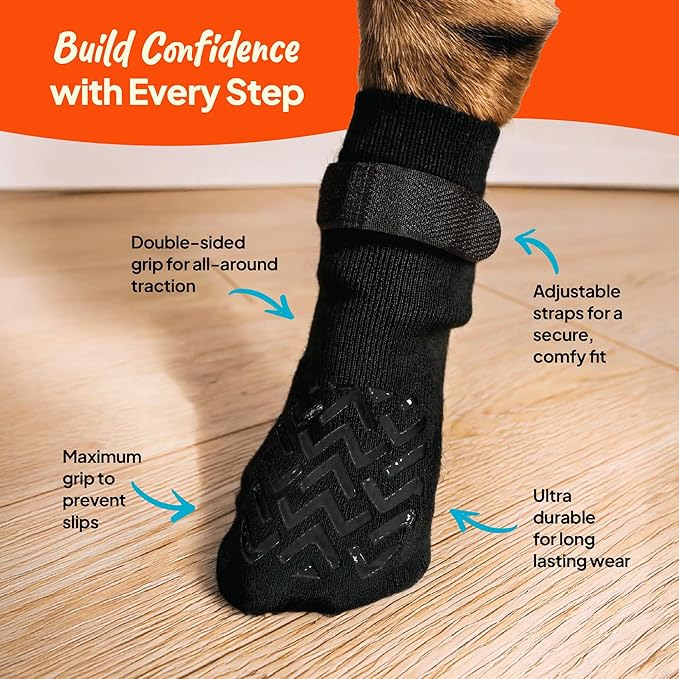 Anti-Slip Dog Socks – Non-Slip Traction Socks for Dogs with Adjustable Straps, Prevents Slipping on Hardwood Floors, Breathable & Washable – 4 Pack (Sizes XS–XXL) (XL)