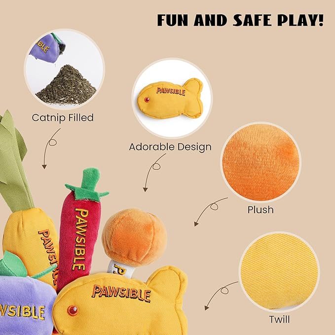 5 Pack Catnip Toys for Indoor Cats - 100% Organic Catnip Filled, No Cotton, Durable Teething Kicker Toys for Kittens, Food-Shaped Plush Chew Toys