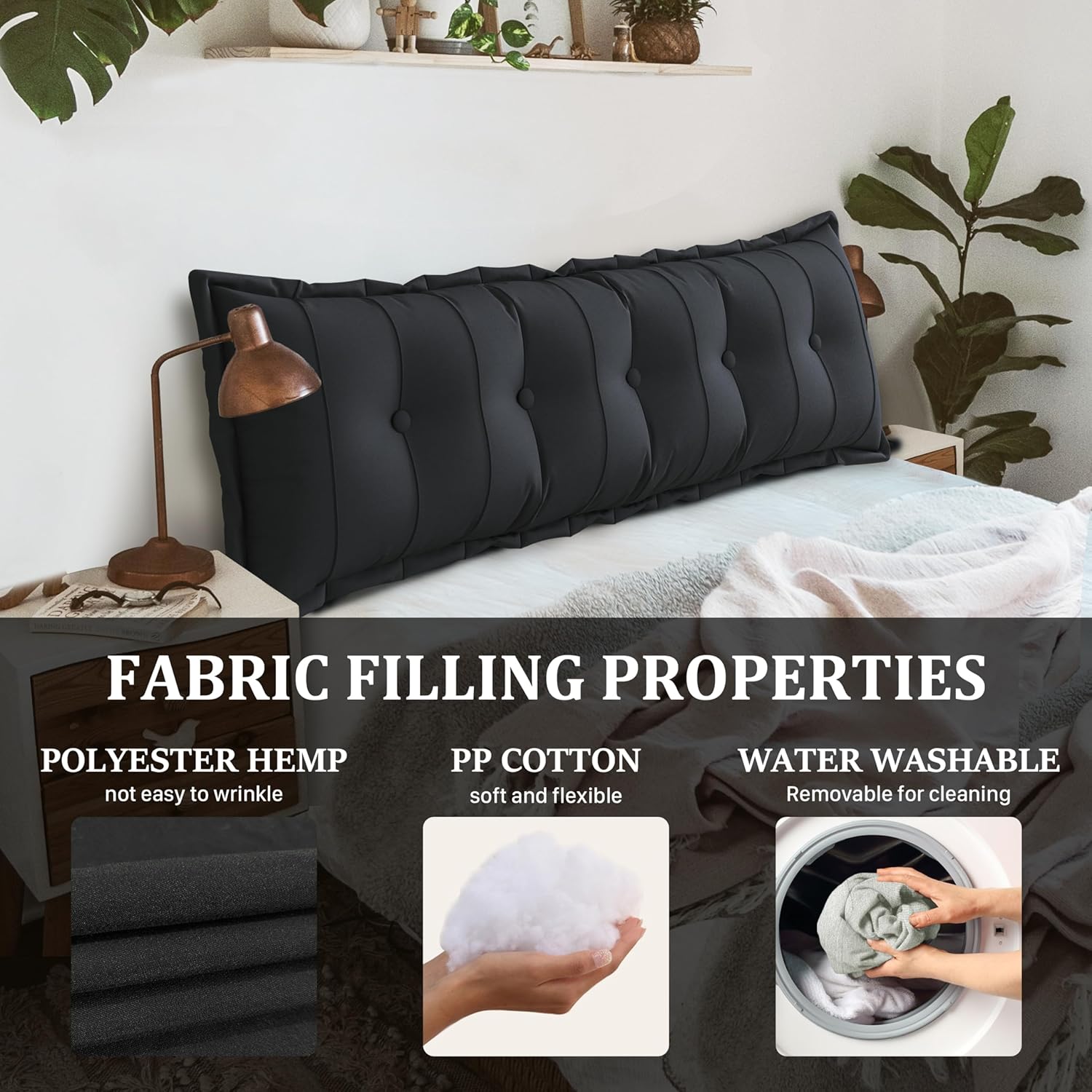 Large Bolster Reading Pillow King Backrest Positioning Support Pillow Daybed Cushion Headboard Pillows for Bed Bunk Sofa with Removable Cover, Black, 76x3x20 Inch