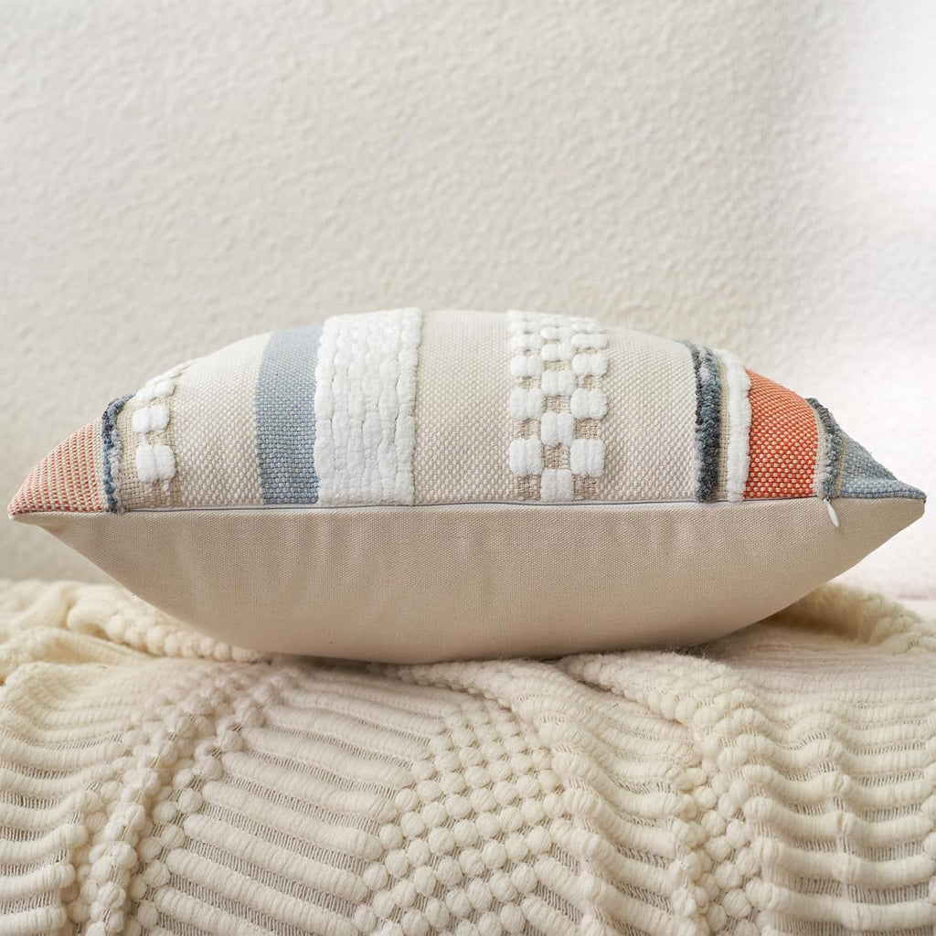 Aeckself Boho Throw Pillow Covers 18x18 Inch Set of 2, Farmhouse Decorative Striped Square Pillow Covers Chenille Tufted Pillow Cases Accent Neutral Pillowcase for Living Room Couch Bed, Orange Blue