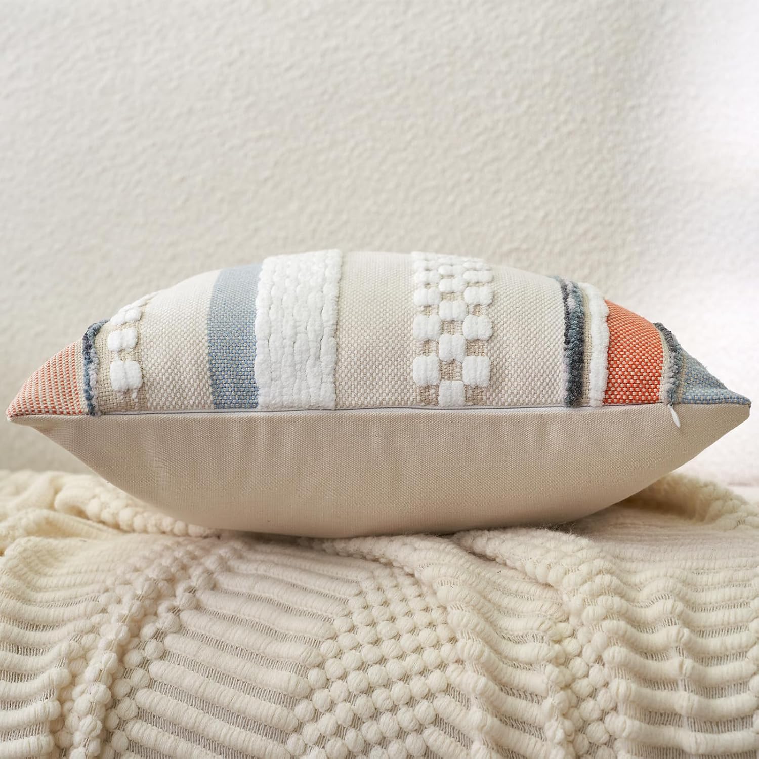 Aeckself Boho Throw Pillow Covers 18x18 Inch Set of 2, Farmhouse Decorative Striped Square Pillow Covers Chenille Tufted Pillow Cases Accent Neutral Pillowcase for Living Room Couch Bed, Orange Blue