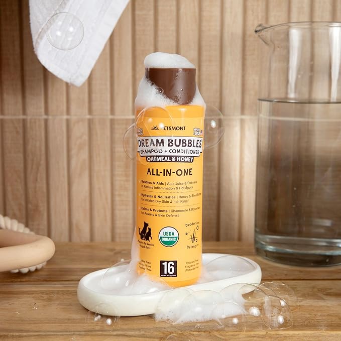 Petsmont Dream Bubbles Organic Shampoo + Conditioner for Dogs and Cats - Oatmeal Shampoo for Sensitive Skin, Anti Itch Conditioner 2 in 1 Dog Itch Relief - 16oz