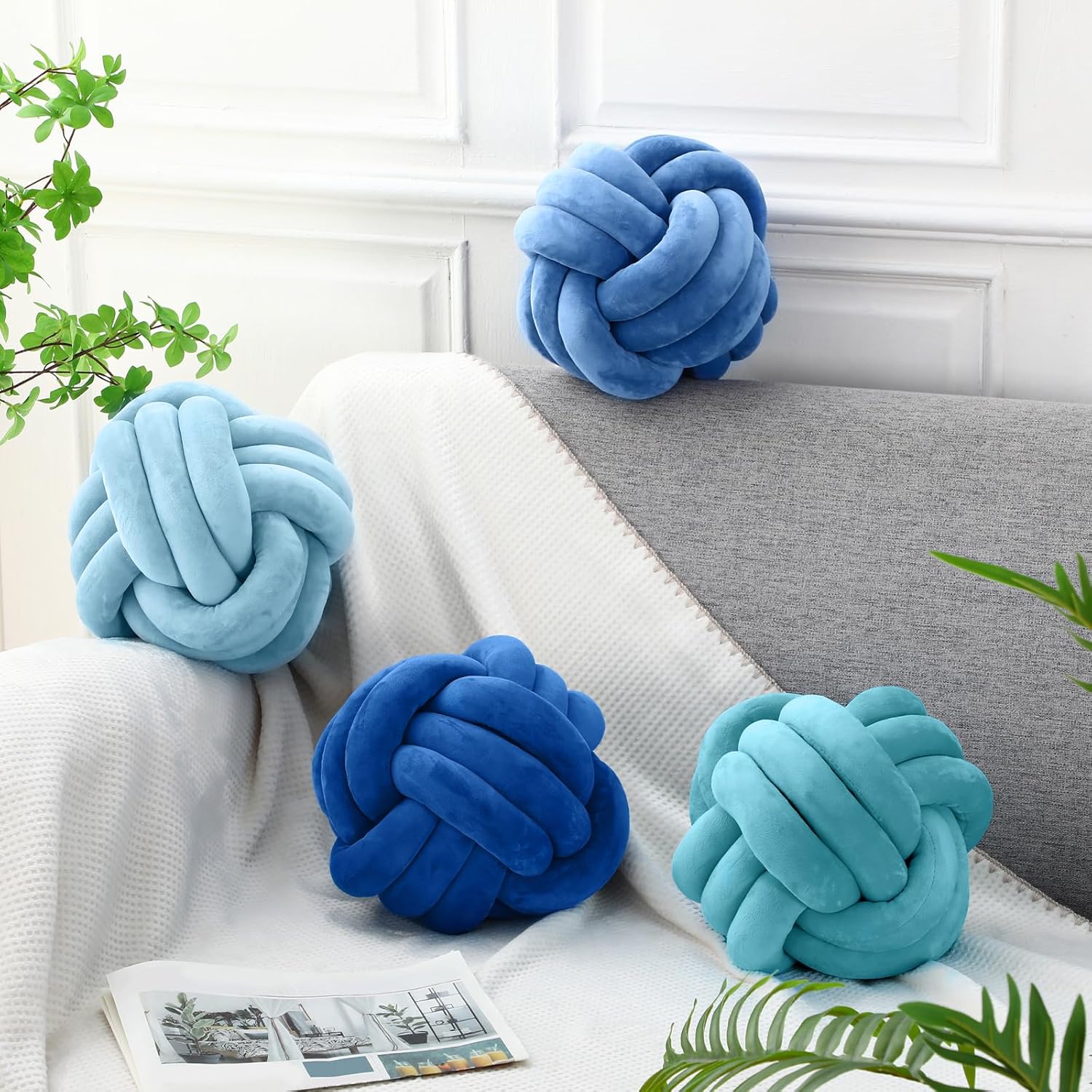 Yerliker 4 Pcs Knot Pillow Ball, 8.7 Inches Soft Home Decorative Round Throw Pillow Handmade Knotted Plush Accent Cushion Gifts for Nursery Decor Home Bed Sofa Bedroom Decoration