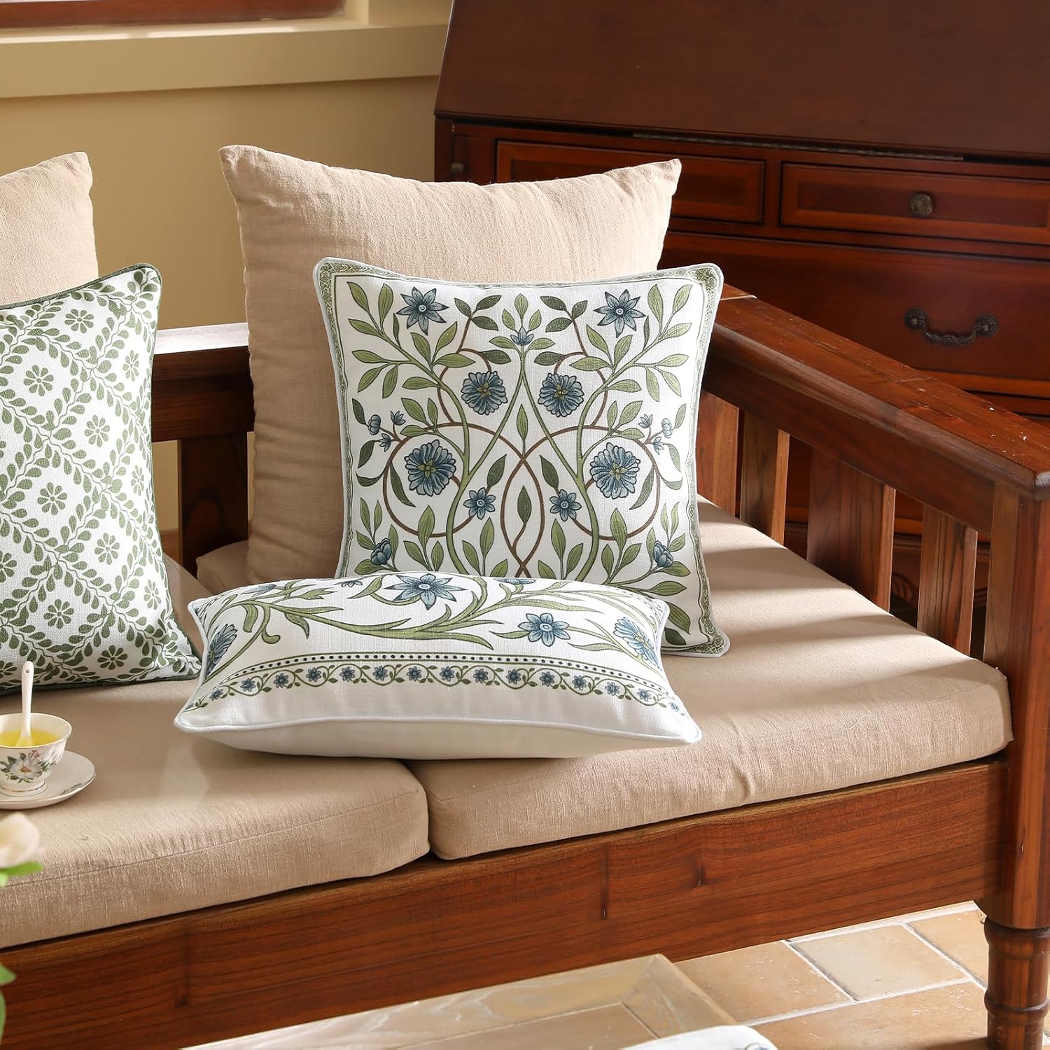 ISAENNE Design Fresh Linen Lumbar Throw Pillow Covers 12"x20", French White Cottage Cushion Covers with Green Branches Pattern Decoration Pillowcases for Bed,Living Room,Outdoor,Car