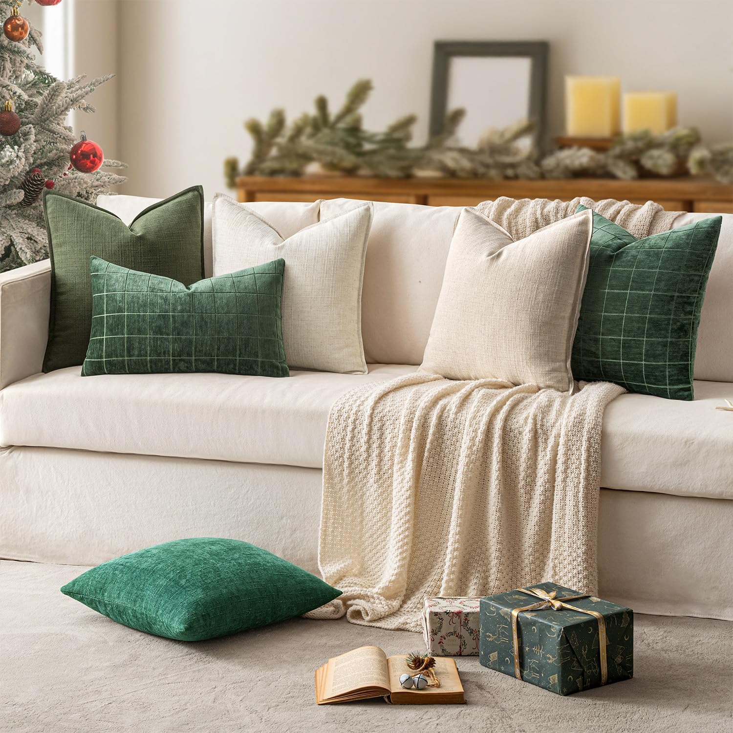 MIULEE Christmas Decorative Pillow Covers 20x20, 2 Pack Boho Farmhouse Neutral Throw Pillows for Couch, Thick Textured Modern Linen Cushion Cases Sofa Bed Living Room Home Decor, Dark Green