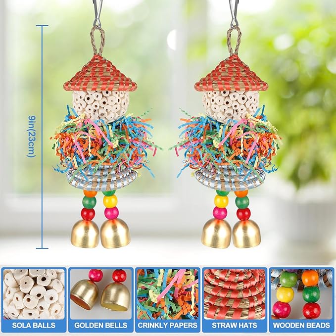 2PCS Bird Toys Parrot Foraging Shredder Hanging Toys Sola Balls with Bell for Small Parrots Parakeets Cockatiel Conures Love Birds Budgie Cage Toy