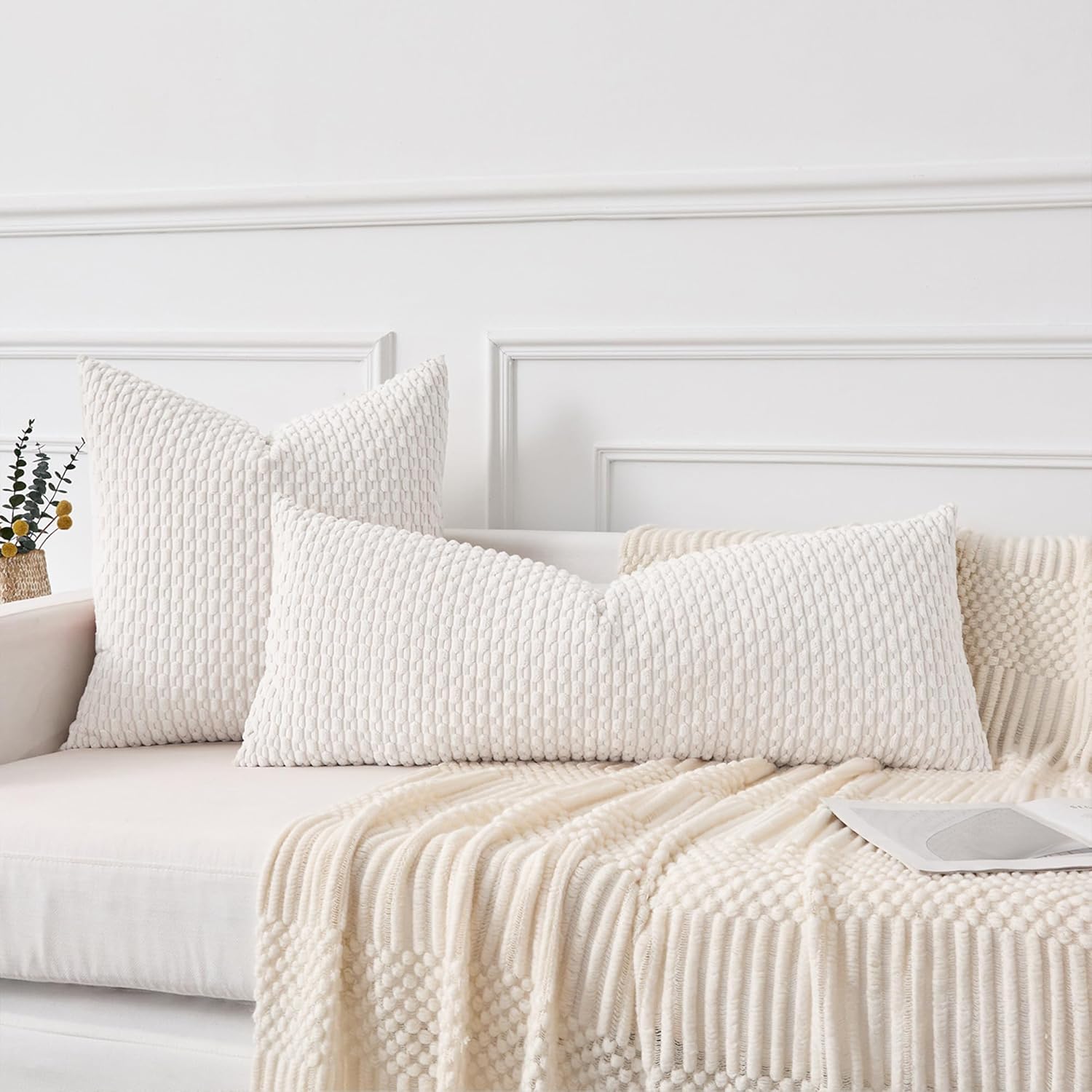 Kevin Textile 14x24 Inch Pillow Cover 1 Pack Boho Christmas Decorative Soft Striped Corduroy Lumbar Farmhouse Color Accent Rectangle Cushion Case for Living Room Couch Sofa Bed, Pure White