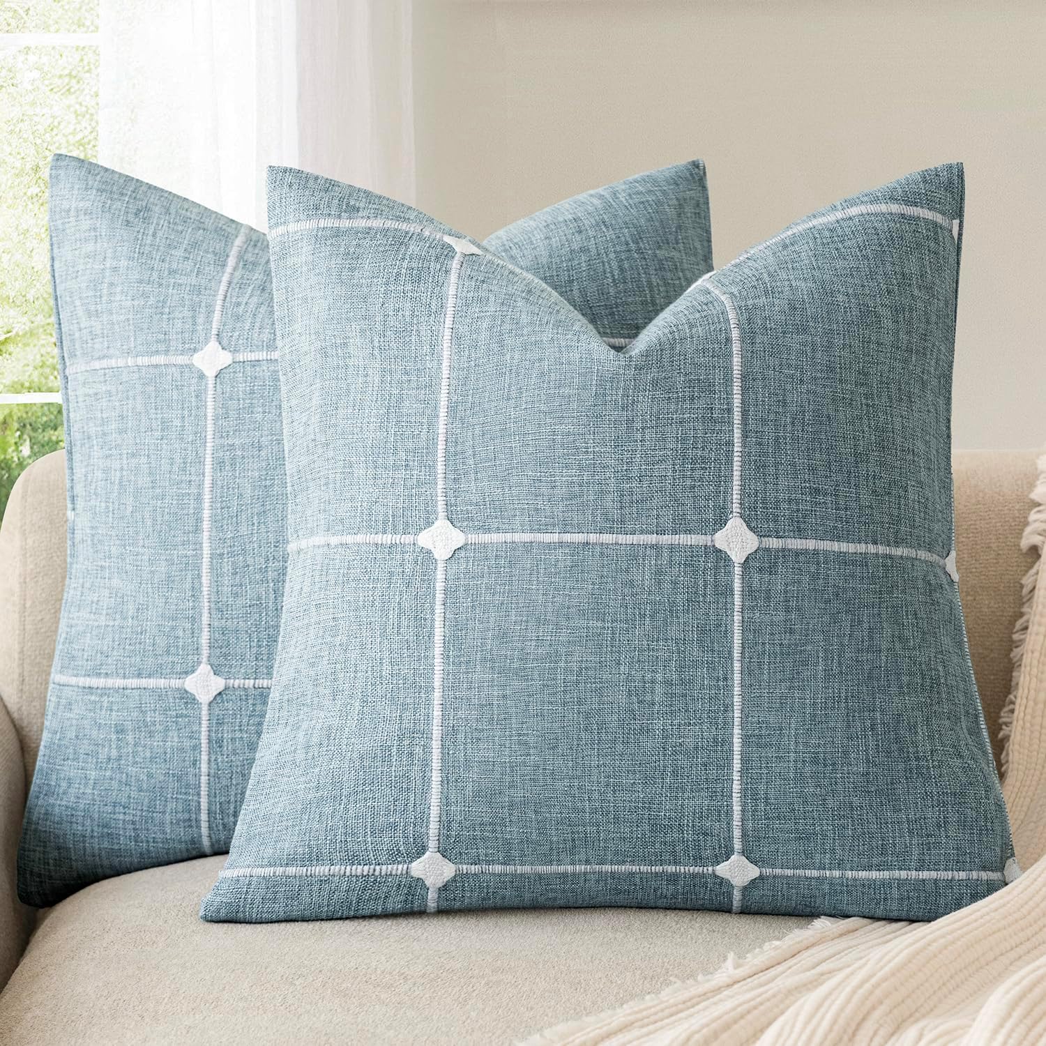 Foindtower Pack of 2 Decorative Faux Linen Jacquard Check Throw Pillow Covers Farmhouse Cushion Cover with Grid Textured Accent Pillowcase for Couch Sofa Living Room Home Decor,16×16 Inch,Light Blue