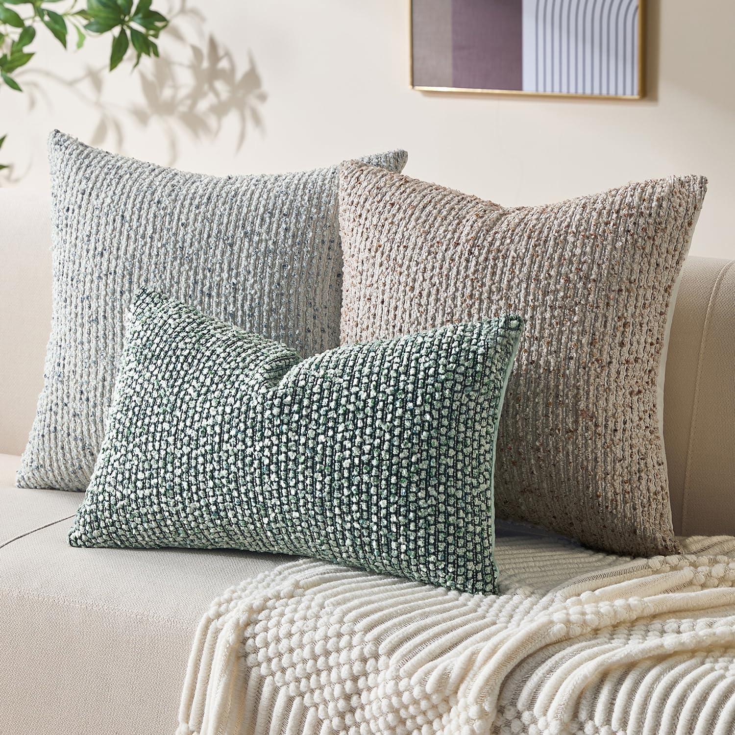 Decorative Lumbar Pillow Cover 12x20 Green Striped Soft Wool Lumbar Throw Pillow Neutral Textured Boho Cushion Covers for Modern Farmhouse Sofa Bedroom Living Room Decor SY011-D12