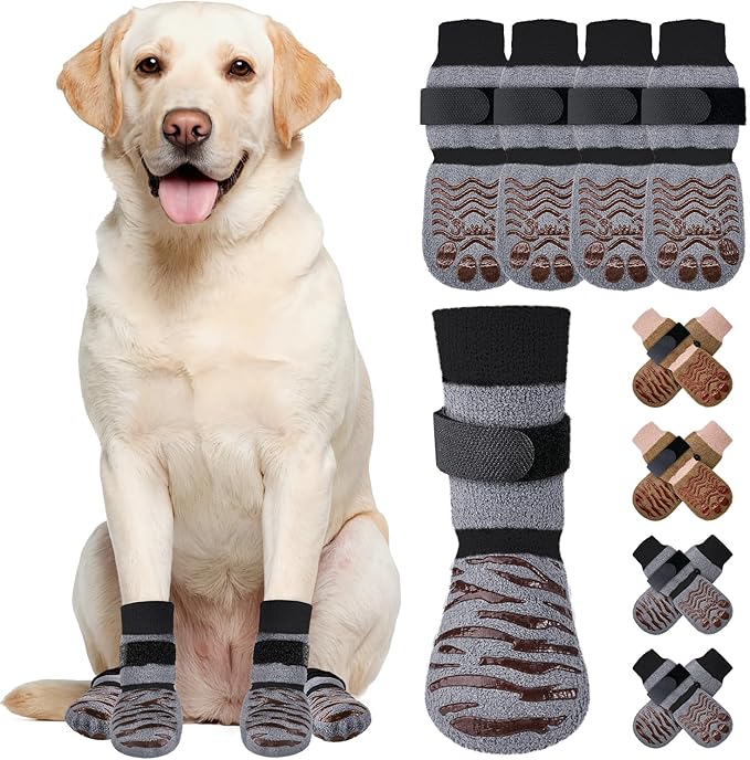 SlowTon Dog Socks with Double-Sided Grippers - 4PCS Dogs Grip Socks for Hot & Cold Pavement or Hard Floors, Non-Slip Paw Traction Protectors for Small Medium Large Dogs Senior(Grey, M)